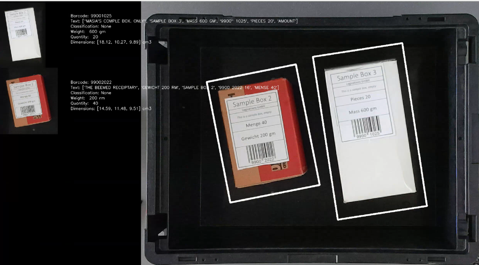 Camera gate reading barcodes on boxes moving along a conveyor