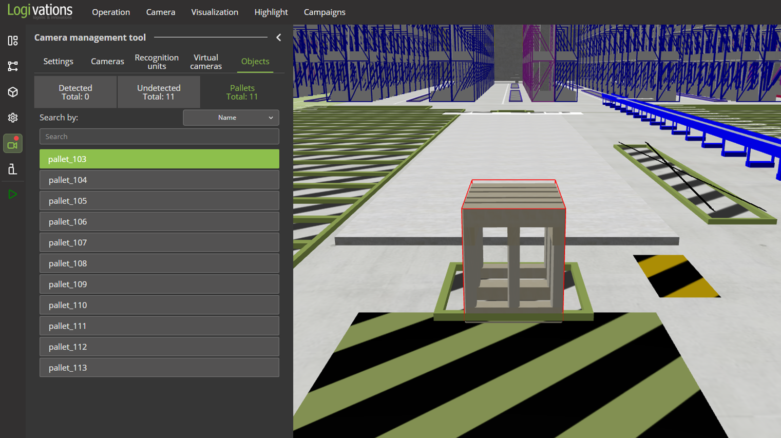 3D view of the Digital Twin showing the exact position of a searched pallet