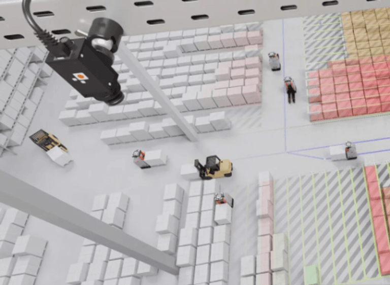 AI camera over a warehouse — tracking forklifts, pallets and transport routes in real time