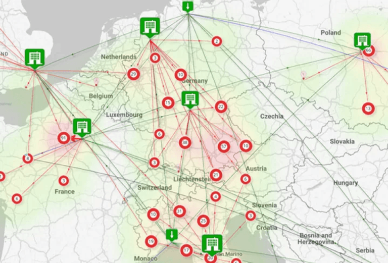 Network design in W2MO — sites, customers and routes on a map of Europe