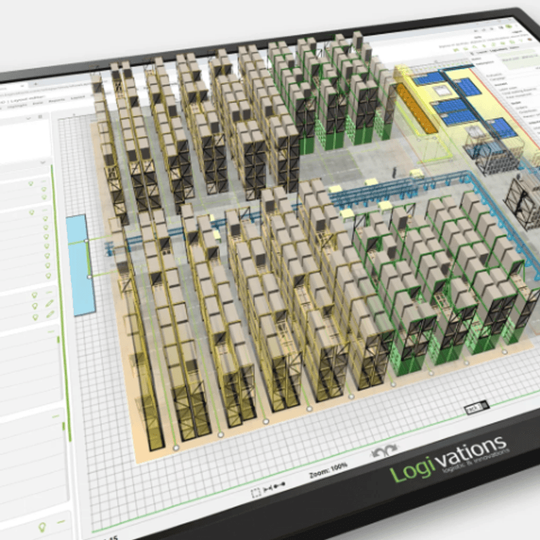 W2MO 3D warehouse twin with rack rows, floor markings and layout editor