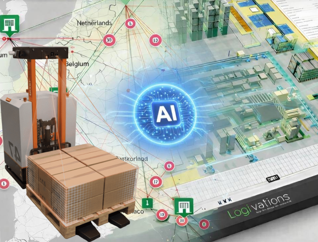 Autonomous forklift robot with a palletized load, a glowing AI chip, a European supply-chain network map and a 3D digital-twin warehouse view