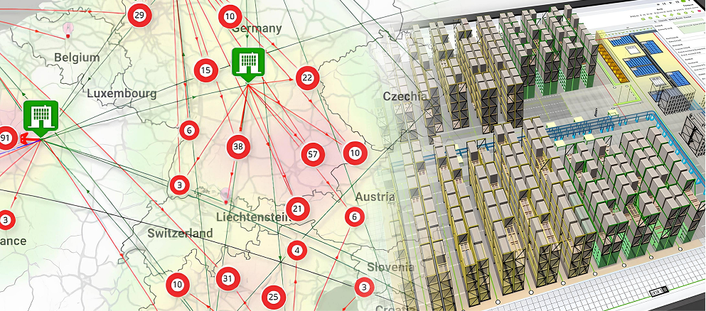 Warehouse network map and Digital Twin 3D view