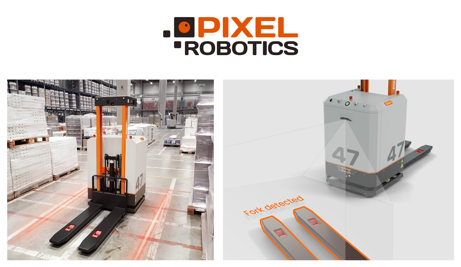Pixel Robotics forklift robot in a warehouse, and a render showing fork detection