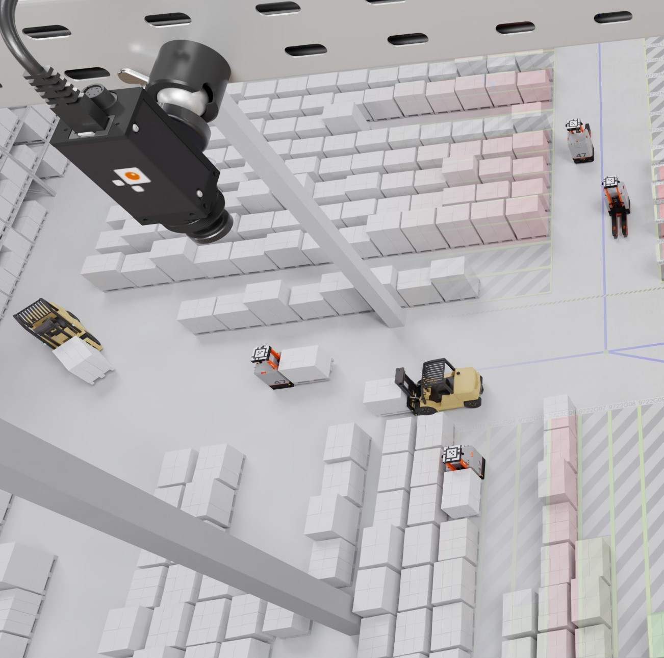 Overhead camera view of a warehouse with robots and pallets