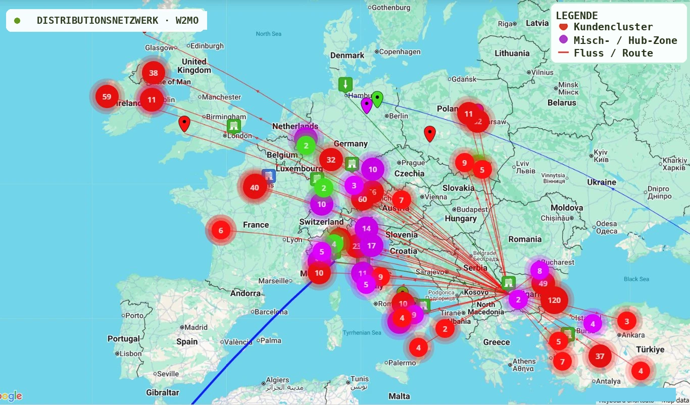 W2MO-Distributionsnetzwerk in Europa — Kundencluster, Misch-/Hub-Zonen und Fluss-/Routenverbindungen