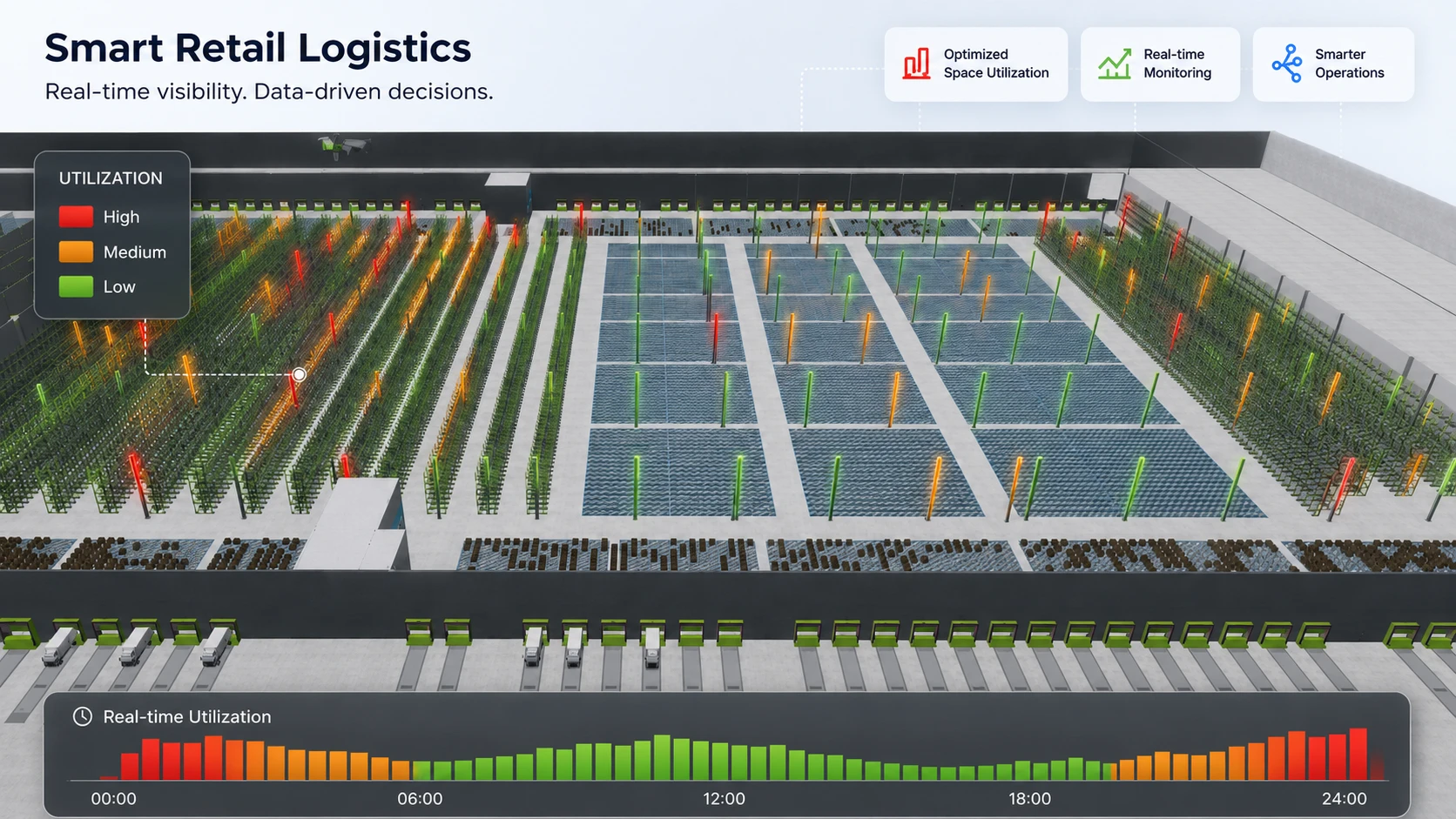 Smart Retail Logistics: a 3D digital twin of a retail distribution centre with a real-time utilisation heatmap (high, medium, low), a live 24-hour utilisation timeline, and callouts for optimised space utilisation, real-time monitoring and smarter operations.